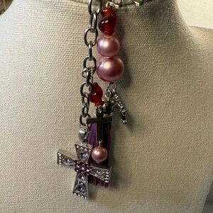 Upcycled Cross Charm Purse Charm with Purple & Pink Accents
